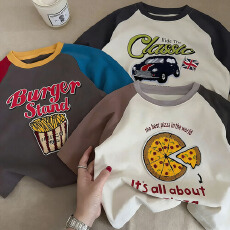 批发纯棉儿童短袖T恤<b class='q'>夏</b>2025新款撞色百搭趣味植绒刺绣男女孩童装上衣