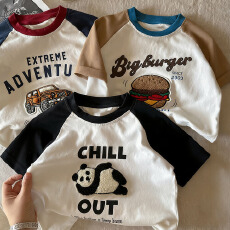 批发纯棉儿童短袖T恤<b class='q'>夏</b>2025新款撞色趣味植绒刺绣百搭男女孩童装上衣