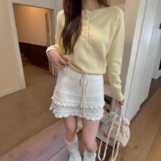 批发韩系针织半身短裙女秋冬设计感小众抽绳显瘦高腰蛋糕木耳边a字裙