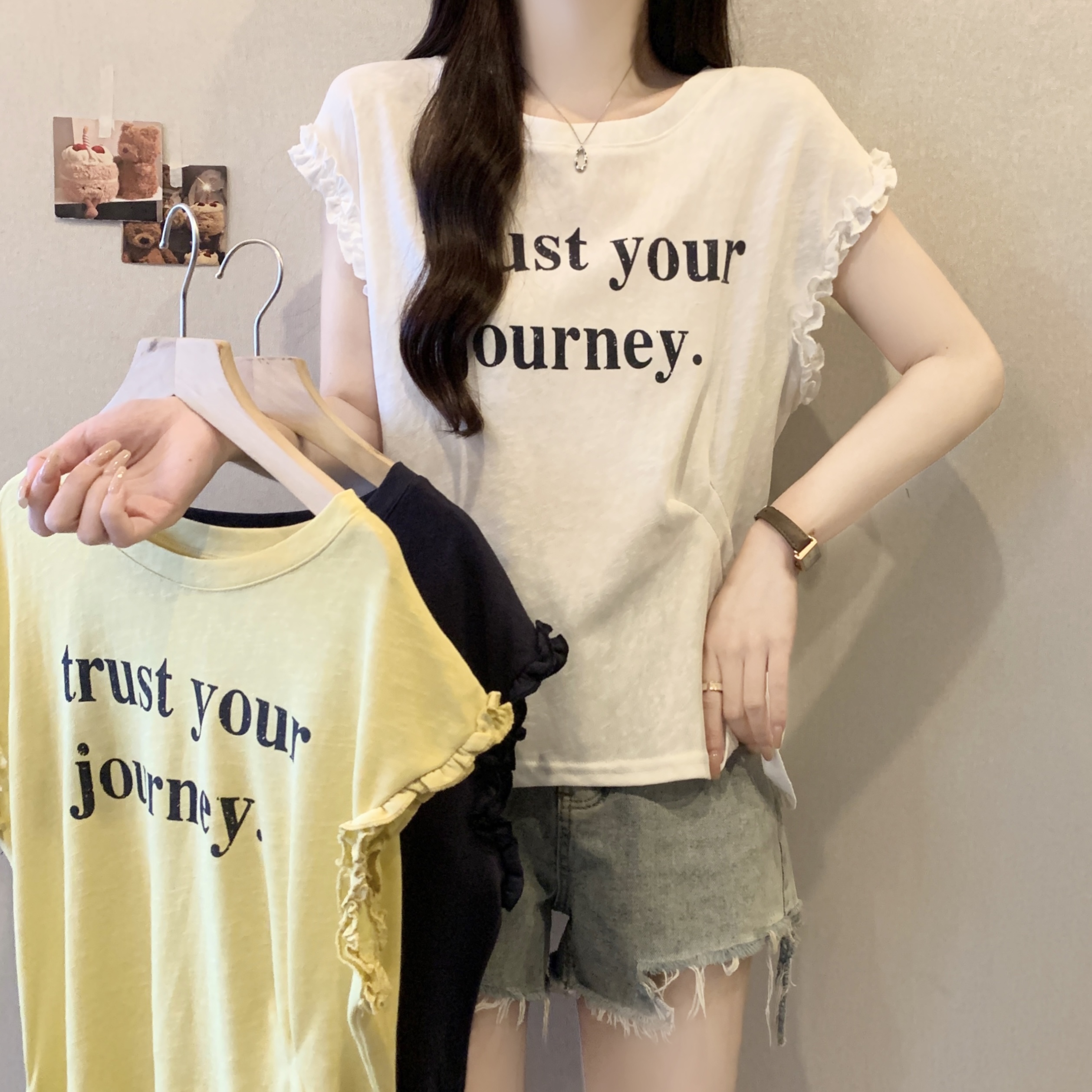 MY11145# 大码清新甜美风圆领字母印花木耳边T恤夏季宽松舒适上衣女裝貨源服裝批發