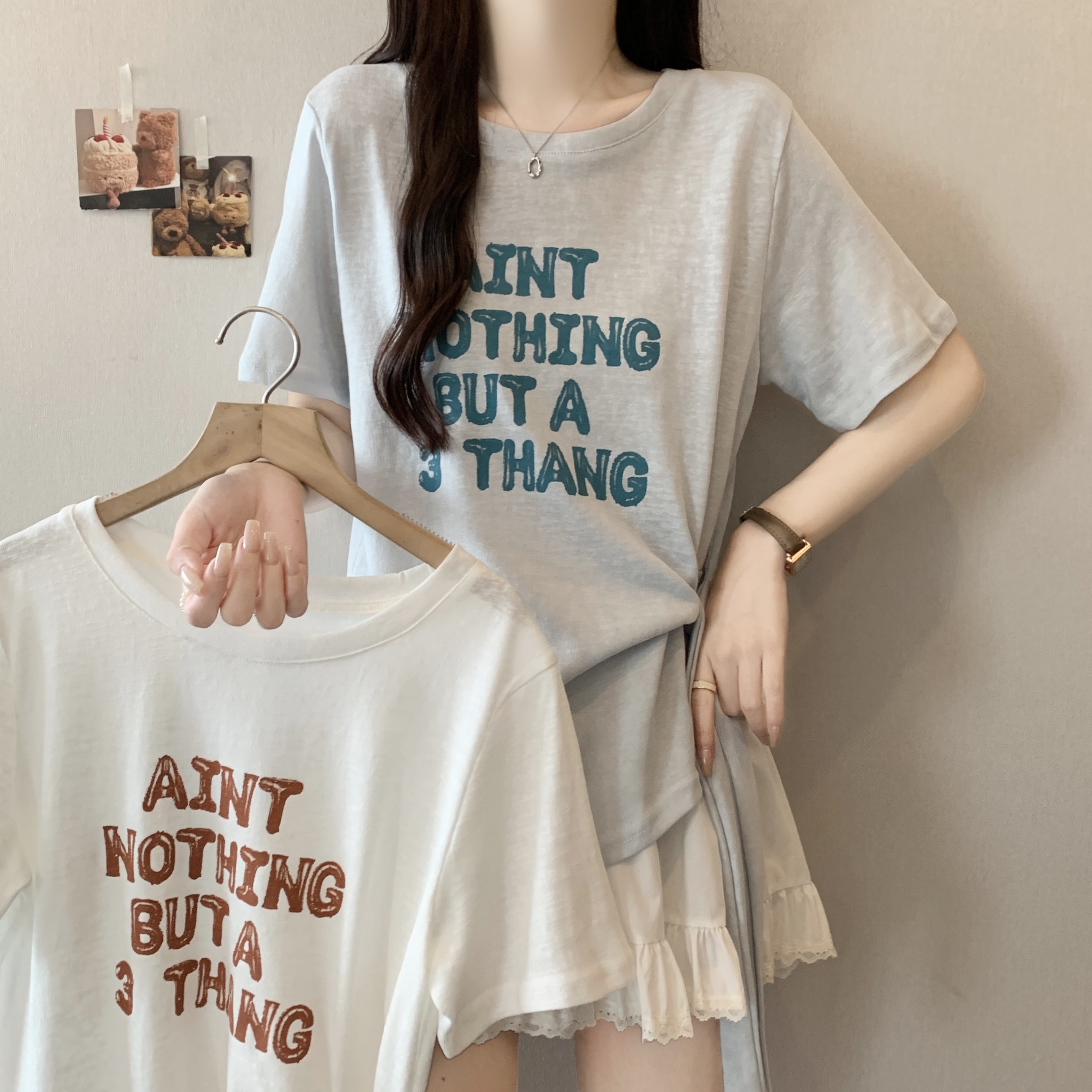 MY11144# 夏季新款韩系简约字母印花绑带短袖T恤宽松显瘦减龄上衣女裝貨源服裝批發