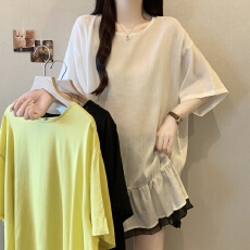 批发实拍大码圆领麻料小衫拼接撞色荷叶边<b class='q'>欧根纱</b>胖MM遮肉显瘦<b class='q'>上衣</b>