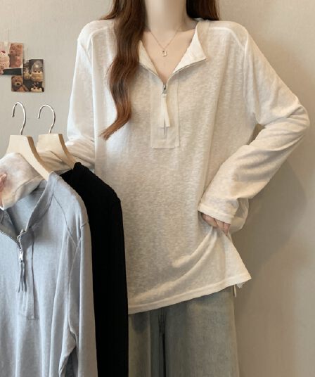 실사 빅 사이즈 2025 이른 가을 새로운 패치워크 하프 지퍼 티셔츠 루즈핏 다용도 라운드 넥 밑단 트임 맨위