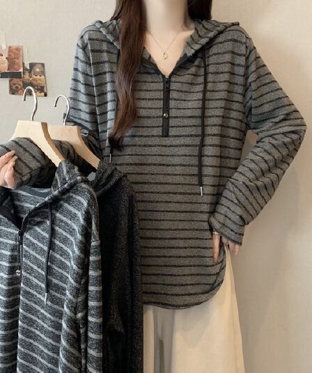 실사 빅 사이즈 지퍼 디자인 센스 스트라이프 후드 긴팔 지방 mm 느긋한 루즈핏 슬림해 보이는 캐주얼 만나는 맨위