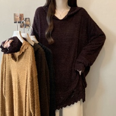 批发实拍 大码2025秋季新款连帽套头百搭显瘦蕾丝衫女宽松休闲上衣