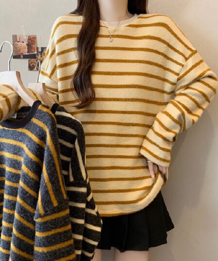 실사 빅 사이즈 느긋한 바람 배색 스트라이프 연삭 털 긴팔 티셔츠 여성 가을 Chic 다용도 루즈핏 슬림해 보이는 맨위