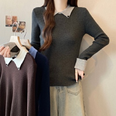 批发<b class='q'>实拍</b><b class='q'>大码</b>时尚拼接polo领针织衫2025秋冬新款韩系气质修身打底上衣