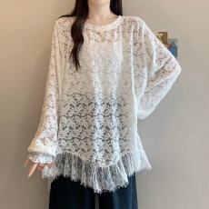 批发实拍大码新款气质<b class='q'>蕾丝</b>拼接不规则打底衫胖MM遮肉显瘦百搭<b class='q'>长袖</b>上衣