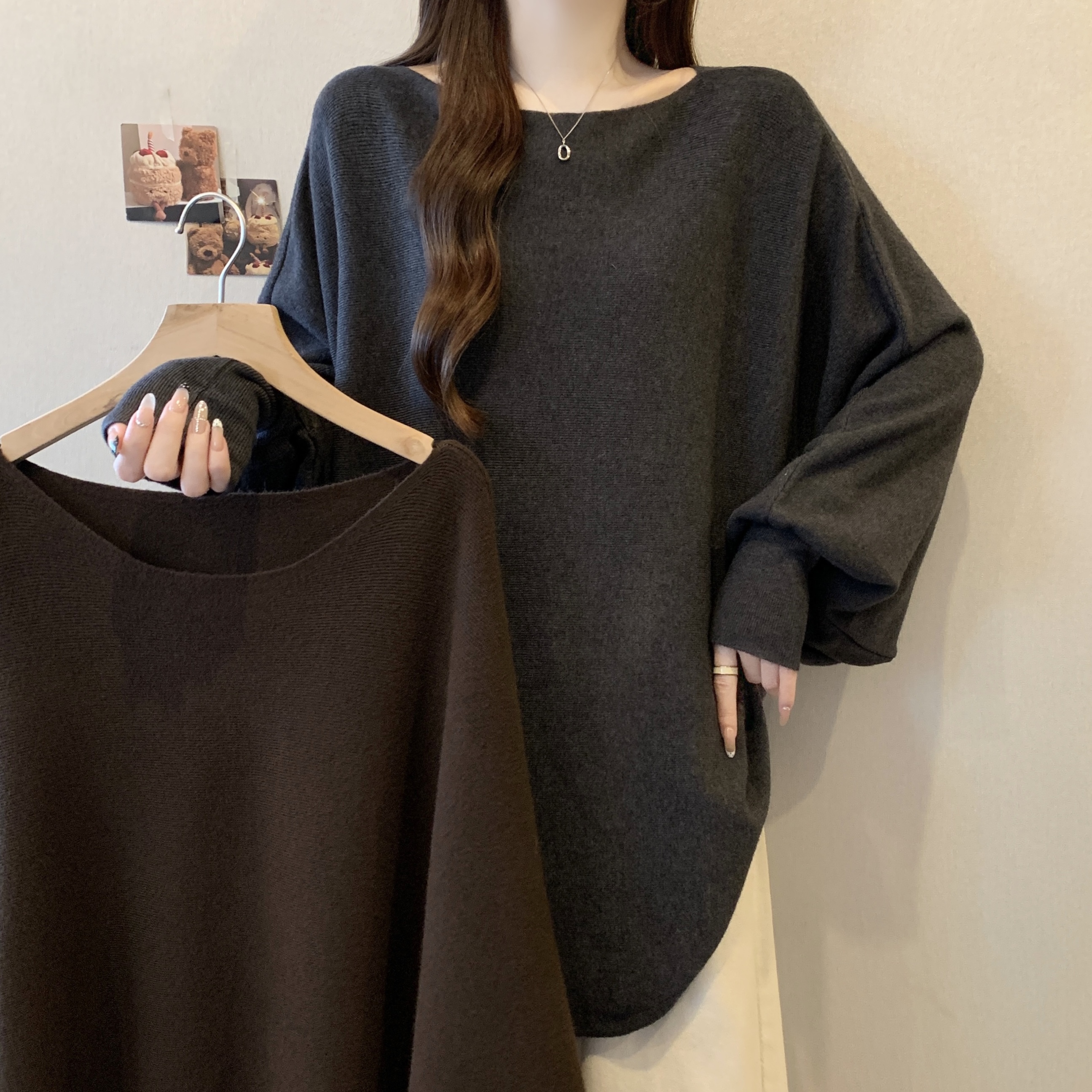 실사 빅 사이즈 단색 배트윙 소매 풀오버 스웨터 여자 가을 겨울 루즈핏 보트넥 느긋한 바람이 아닙니다. 규칙 맨위