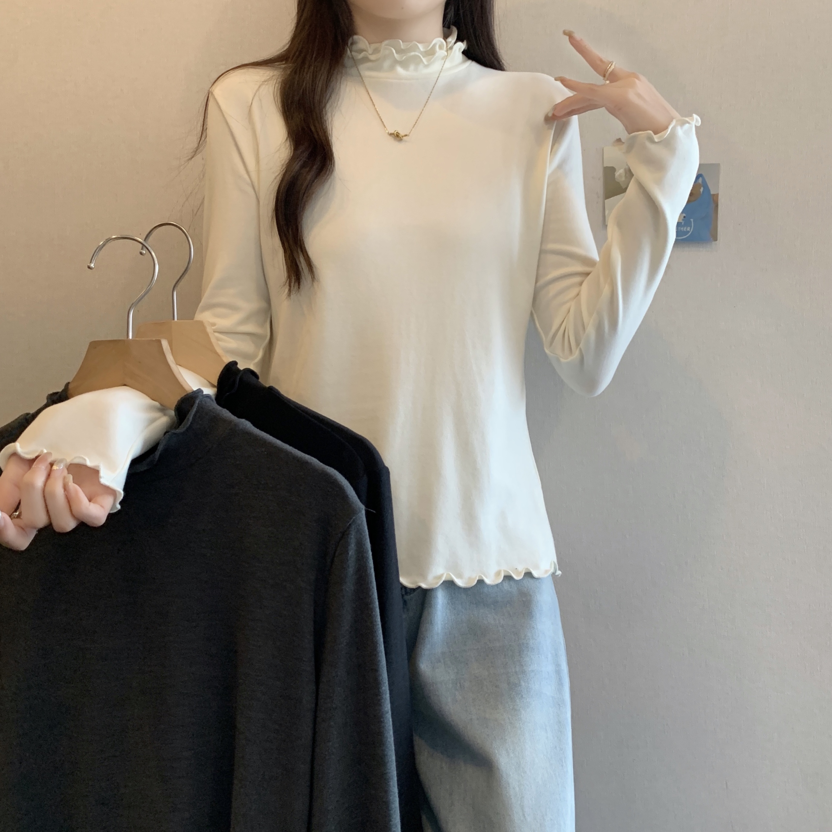 실사 빅 사이즈 이중층 프릴 반하이넥 인사이드 가져 가라. 기본 셔츠 지방 mm 루즈핏 슬림해 보이는 두꺼운 다용도 맨위