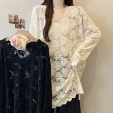 批发实拍 2025秋冬新款中长款V领花边蕾丝衫女<b class='q'>大码</b>宽松百搭套头上衣