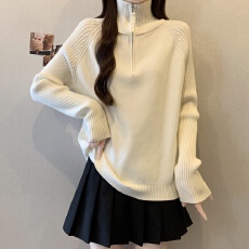 实拍大码胖MM立领半拉链针织衫女秋冬加厚显瘦宽松打底衫毛衣