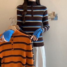 批发实拍慵懒条纹<b class='q'>针织衫</b>半开领修身打底衫2025秋季百搭羊毛软糯上衣女