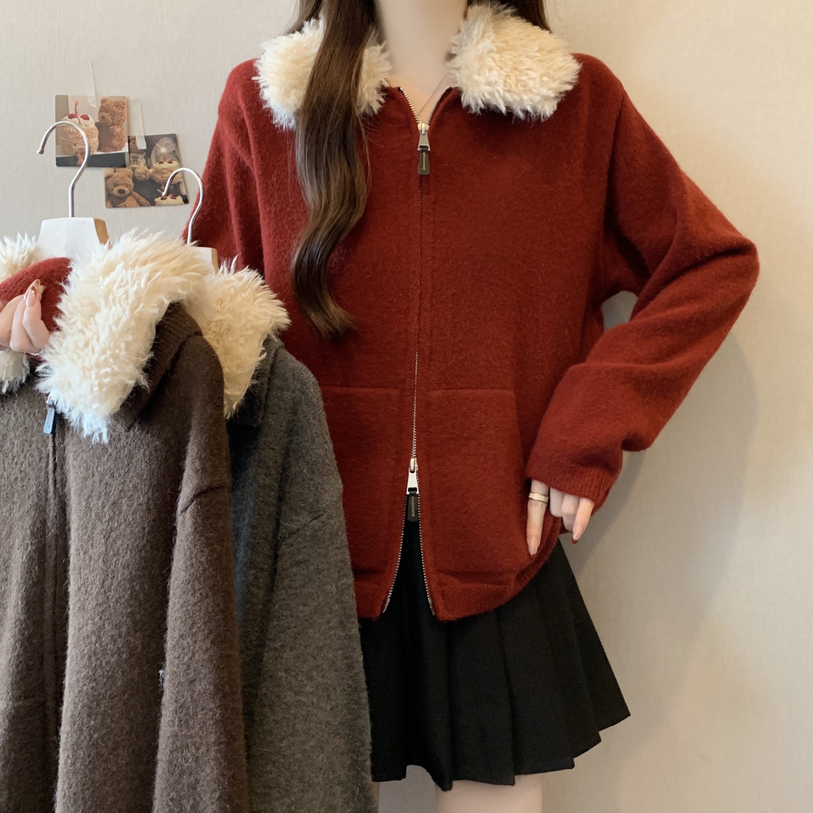 실사 빅 사이즈 고급 센스 유럽 상품 양털 폴로 칼라 니트 오픈 가디건 여성 슬림해 보이는 한 부서 더블 지퍼 스웨터 코트