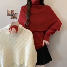 批发实拍2025秋冬新款韩系慵懒风高领围脖镂空披肩针织毛衣两件套