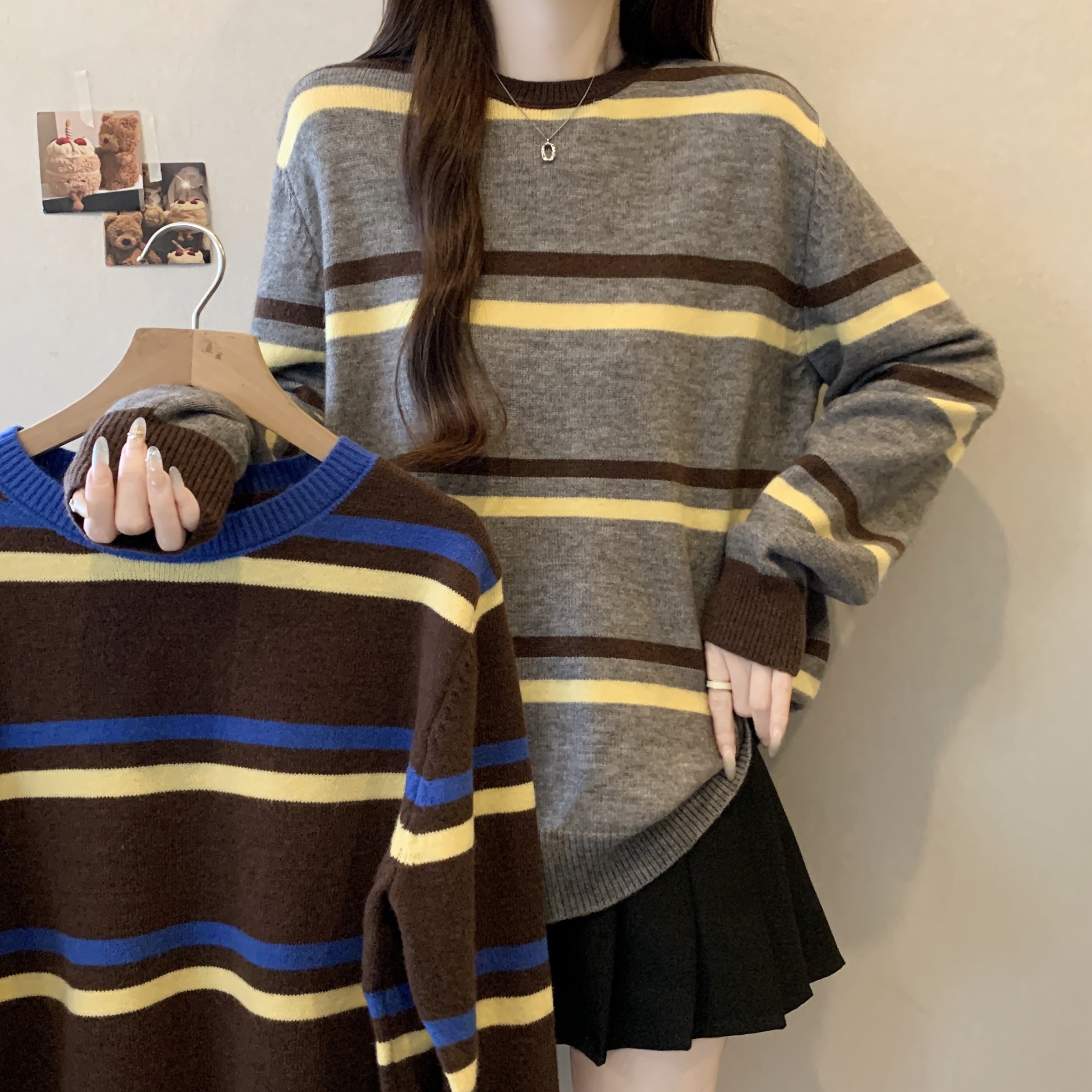 실사 빅 사이즈 2025 가을 겨울철 새로운 한국 스타일 패션 라운드 넥 긴팔 스트라이프 루즈핏 다용도 니트 스웨터