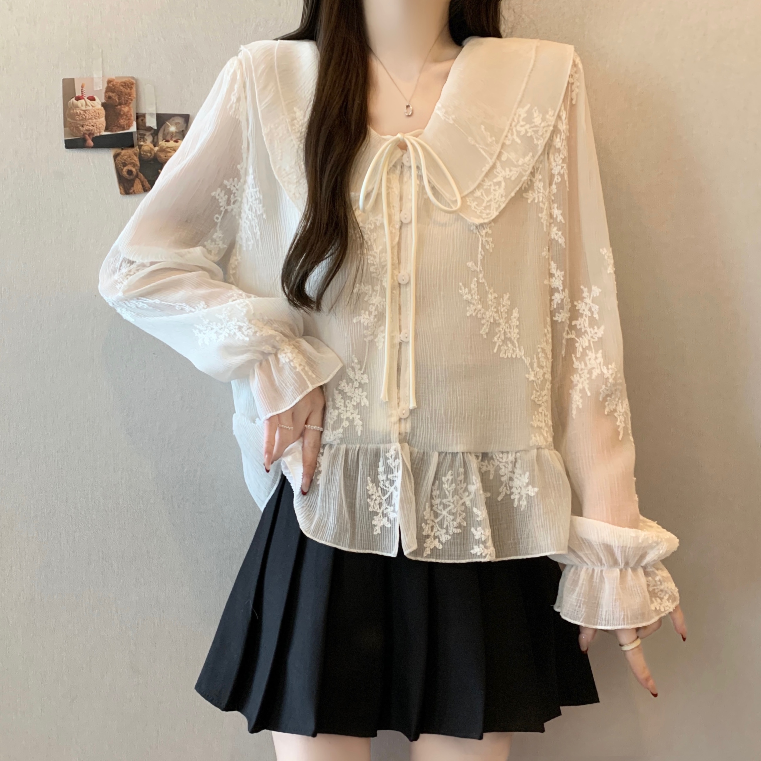 실사 빅 사이즈 2026 봄 가을 새로운 한국 스타일 품격 부드러운 프릴 폴로 칼라 루즈핏 슬림해 보이는 긴팔 셔츠