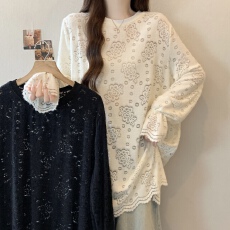 批发实拍 大码胖MM<b class='q'>韩版</b>简约百搭纯色圆领宽松型<b class='q'>蕾丝衫</b>叠穿上衣女