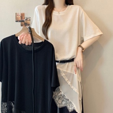 批发实拍<b class='q'>大码</b>2026夏季新款韩系设计感不规则蕾丝拼接宽松短袖T恤
