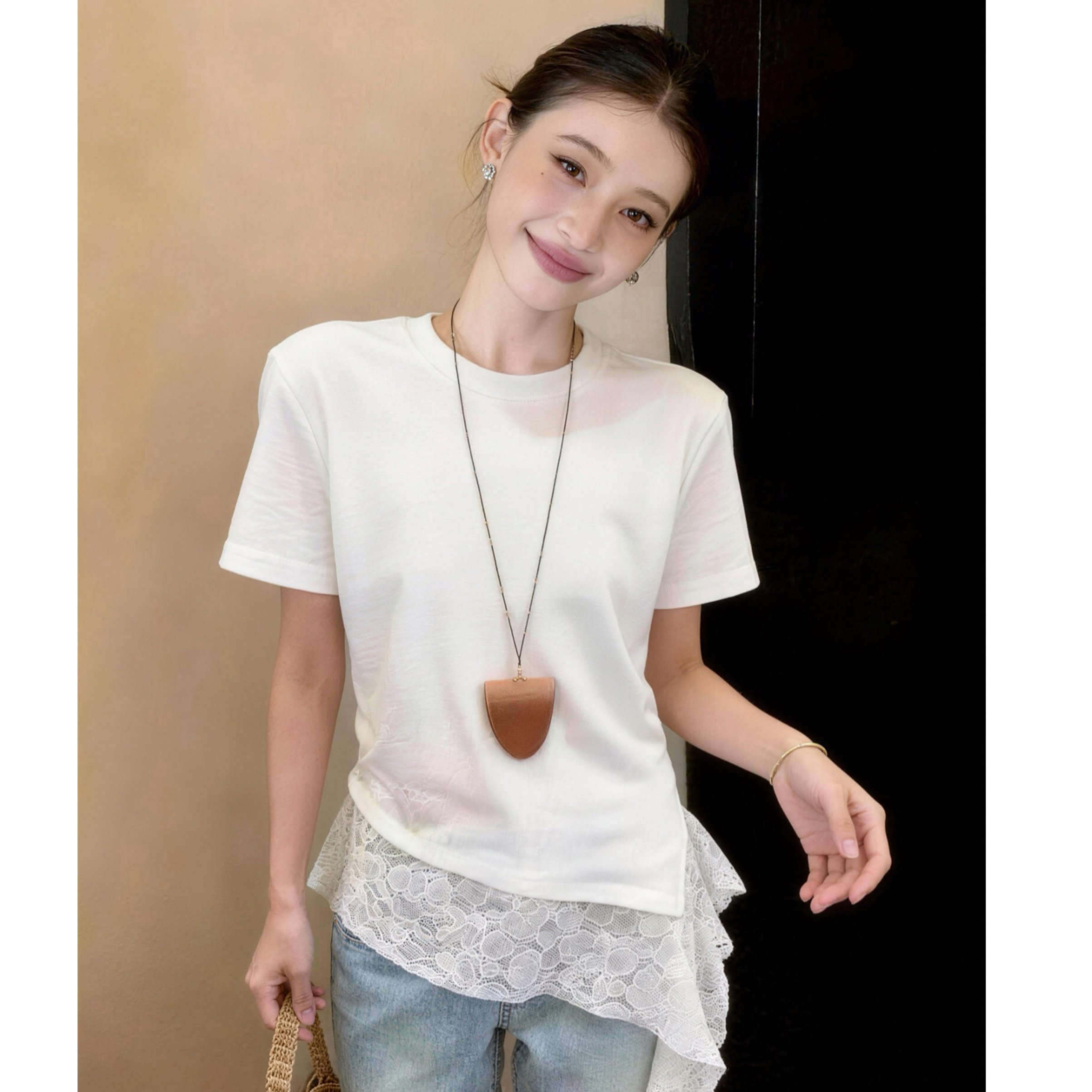 RY2466# 实拍大码2026夏季新款蕾丝拼接不规则下摆圆领宽松百搭短袖T恤