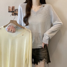 批发实拍<b class='q'>大码</b><b class='q'>韩版</b>时尚气质百搭V领长袖针织衫胖MM宽松显瘦防晒罩衫