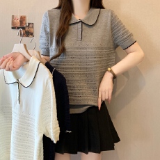 批发实拍撞色娃娃领短袖<b class='q'>针织衫</b>2026夏季新款微胖<b class='q'>大码</b>设计感减龄上衣