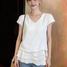 批发实拍大码夏季新款韩版V领荷叶边撞色正肩衬衫胖妹妹遮肚<b class='q'>百搭</b>上衣