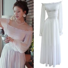 批发许我耀眼赵露思许妍同款法式度假风长裙女巨好看白色一字肩<b class='q'>连衣裙</b>