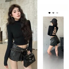 批发早秋新款小众炸街高级感女<b class='q'>装</b>辣妹风露背绑带长袖上衣气质短<b class='q'>裤</b>女<b class='q'>装</b>