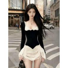 批发韩版时尚纯欲显瘦气质名媛撞色U领长袖修身收腰拼接设计感<b class='q'>连衣裙</b>