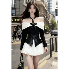 批发秋冬日常通勤风撞色一字领露肩挂脖长袖上衣+白色百褶<b class='q'>半身裙</b>套装