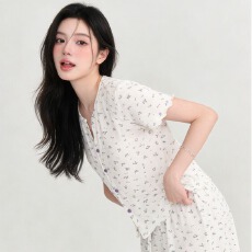 批发女人味纯欲风带胸垫睡衣女士夏季2026新款甜美碎花短袖家居服外穿