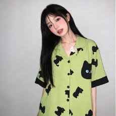 批发日韩夏季新款网红薄款甜美小黑猫少<b class='q'>女</b>睡衣韩版ins开衫家居服外穿