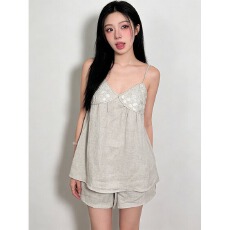 批发韩版设计小众亮片拼接吊带睡衣<b class='q'>女</b>夏季大码背心<b class='q'>短裤</b>家居服<b class='q'>套装</b>外穿