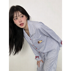 批发2026新款少女<b class='q'>睡衣</b>女蝴蝶结印花条纹长袖长裤家居服套装可外穿休闲