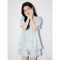 日韩风2026新款蓝色小熊短袖外穿睡衣女夏家居服夏天短袖短裤甜美