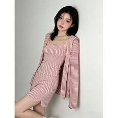 批发日韩系条纹带胸垫吊带<b class='q'>睡衣</b>女夏季甜美家居服套装<b class='q'>三件套</b>外穿休闲风