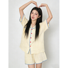 批发黄色格子睡衣套装女春秋2026年<b class='q'>新款</b>短袖上衣短裤家居服外穿宿舍风