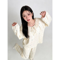 批发2026春秋季双层提花棉双口袋睡衣女圆领甜美可爱蕾丝长袖套装