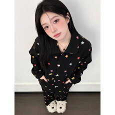 批发彩色星星<b class='q'>睡衣</b>女长袖春秋季云朵棉印花卡通翻领慵懒<b class='q'>大码</b>家居服套装