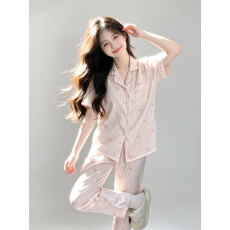 批发2026春夏新款<b class='q'>睡衣</b>女带胸垫云朵棉三件套翻领甜美可外出家居服套装