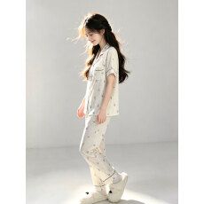 批发春夏<b class='q'>睡衣</b>女带胸垫云朵棉<b class='q'>短袖</b>短裤长裤三件套翻领甜美可外出家居服