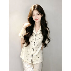 批发春夏<b class='q'>睡衣</b>女带胸垫云朵棉<b class='q'>短袖</b>短裤长裤三件套翻领甜美可外出家居服