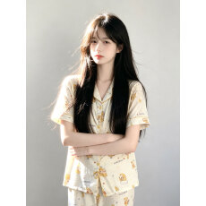 批发夏天<b class='q'>睡衣</b>女带胸垫云朵棉<b class='q'>短袖</b>短裤长裤三件套翻领甜美可外出家居服