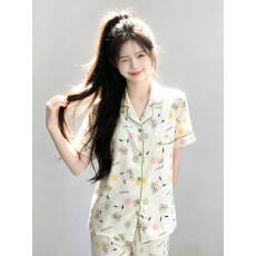 批发春夏<b class='q'>睡衣</b>女带胸垫云朵棉<b class='q'>短袖</b>短裤长裤三件套翻领甜美可外出家居服