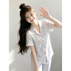 批发春夏<b class='q'>睡衣</b>女带胸垫云朵棉<b class='q'>短袖</b>短裤长裤三件套翻领甜美可外出家居服