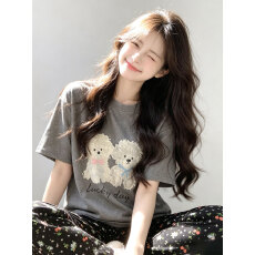 批发新款纯棉<b class='q'>睡衣</b>女夏季<b class='q'>短袖</b>短裤长裤三件套可外穿可爱女孩白狗家居服