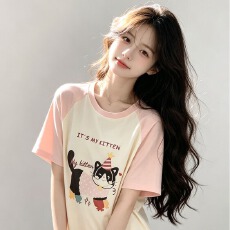 批发新款纯棉<b class='q'>睡衣</b>女夏季<b class='q'>短袖</b>短裤长裤三件套可外穿可爱女孩黑猫家居服