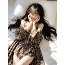 批发带胸垫性感豹纹纯欲风家居服三件套吊带短裤睡袍夏季<b class='q'>秋</b>季ins情趣
