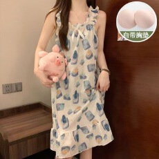 批发<b class='q'>睡裙</b>女新款夏季外穿带可拆卸胸垫中长裙蓝瓶子